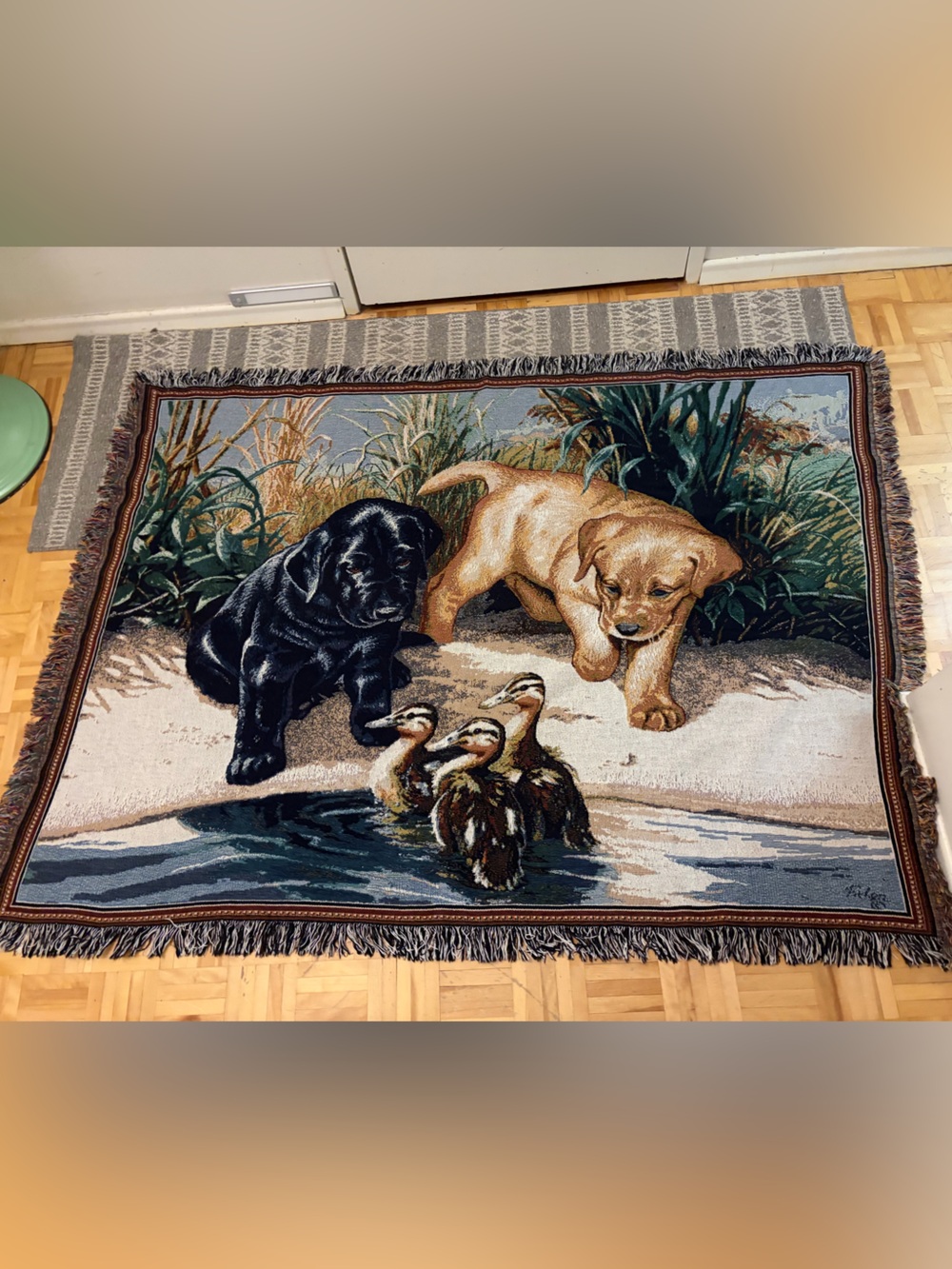 Vintage Linda Perkins Labrador and Ducks Woven Blanket